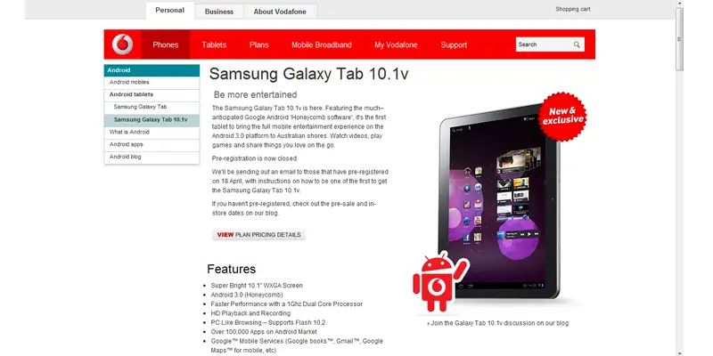Samsung Galaxy Tab 10.1v at Vodafone Australia