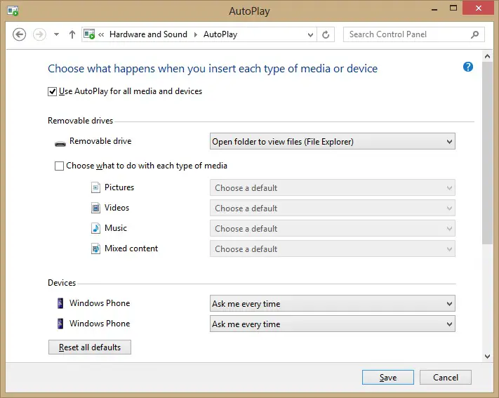 Windows 8 AutoPlay Settings - for some reason we don't have an alt tag here
