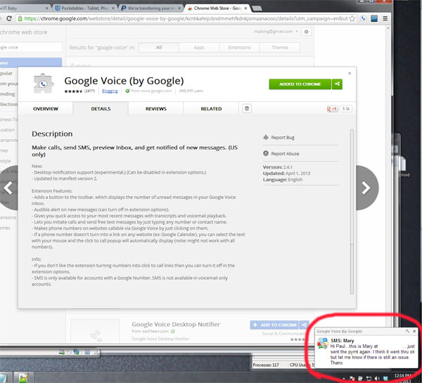 An example of Google Voice's new desktop notification