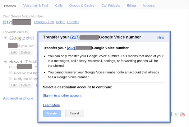 Google Voice number transfer
