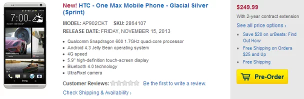 HTC One max Best Buy preorder