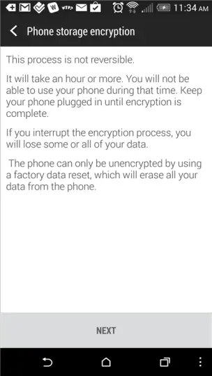 Encryption screen on the HTC One M8