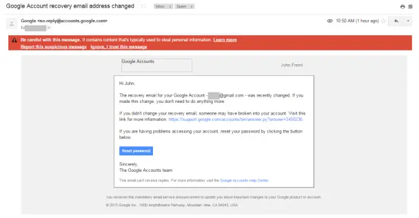 Google spam phishing warning