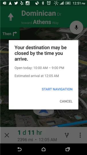 Google Maps closed destination