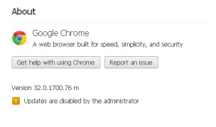 Update are disabled by the administrator - as a note, I got the image from a posting on Superuser.com http://superuser.com/questions/709558/chrome-says-updates-are-disabled-by-administrator but I did not get the answer there, even though the answer is there. I just had forgotten to take a screenshot