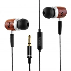 ZealSound HDE-300 In-ear Noise-isolating Genuine Wood Headphones with Mic, Fiber Cable -Black