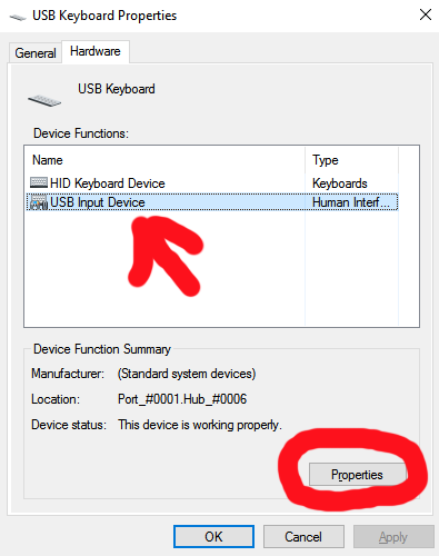2 - USB keyboard properties hardware
