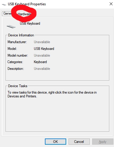 2 - USB keyboard properties pre-hardware