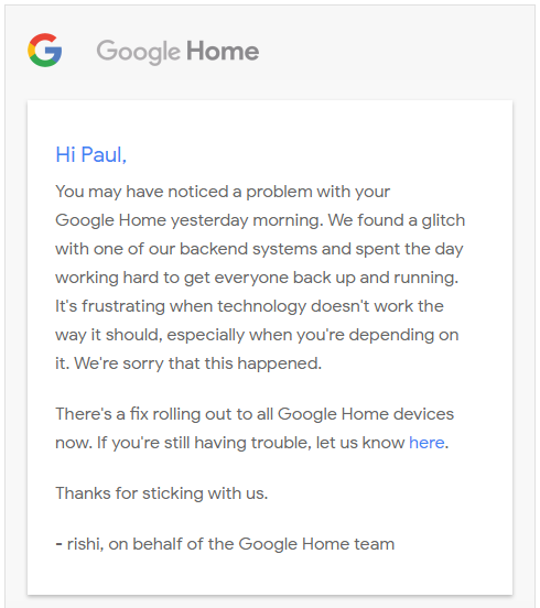 Home outage email
