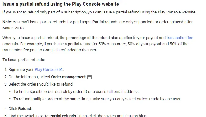 Play Console partial refund