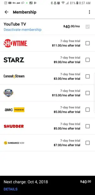 YouTube TV add or remove network packages only in the app