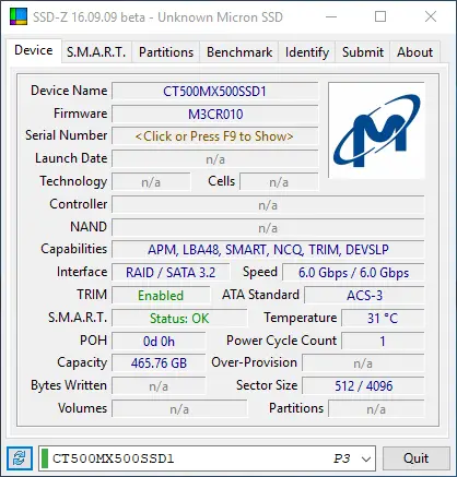 2018 01 30 11 36 52 SSD Z 16.09.09 beta Unknown Micron SSD - for some reason we don't have an alt tag here