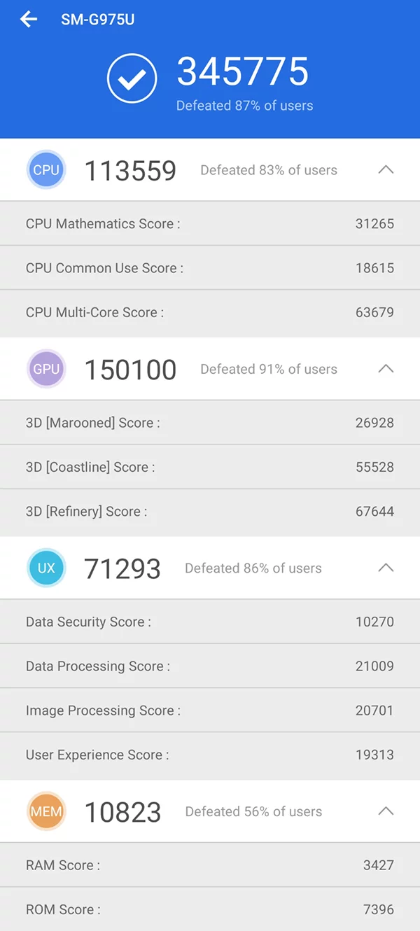 AnTuTu benchmark for Samsung Galaxy S10+