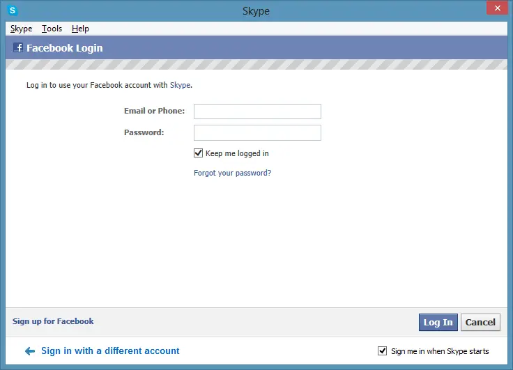 2b Skype Facebook account login - for some reason we don't have an alt tag here