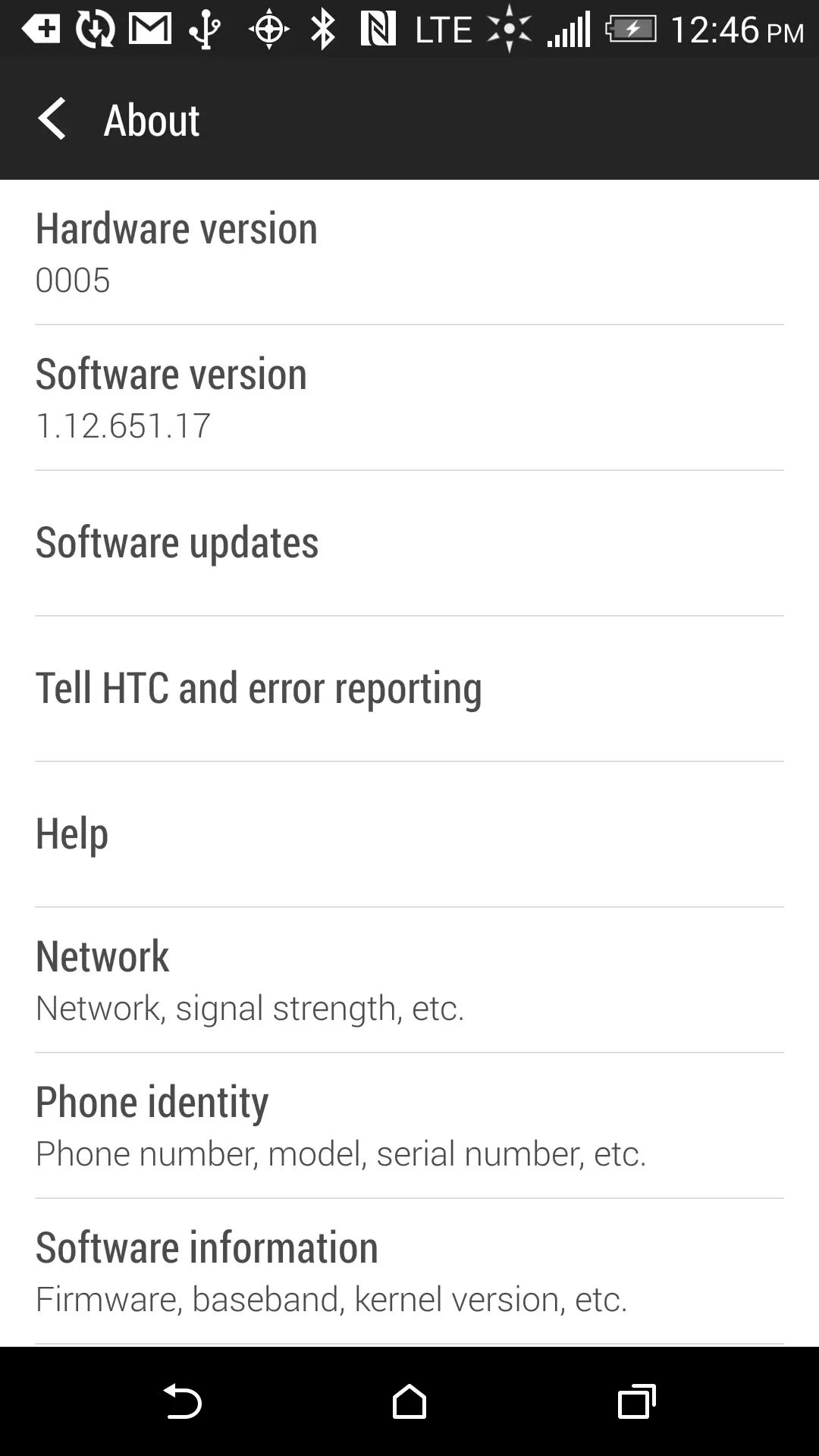 HTC One M8 Software version screen