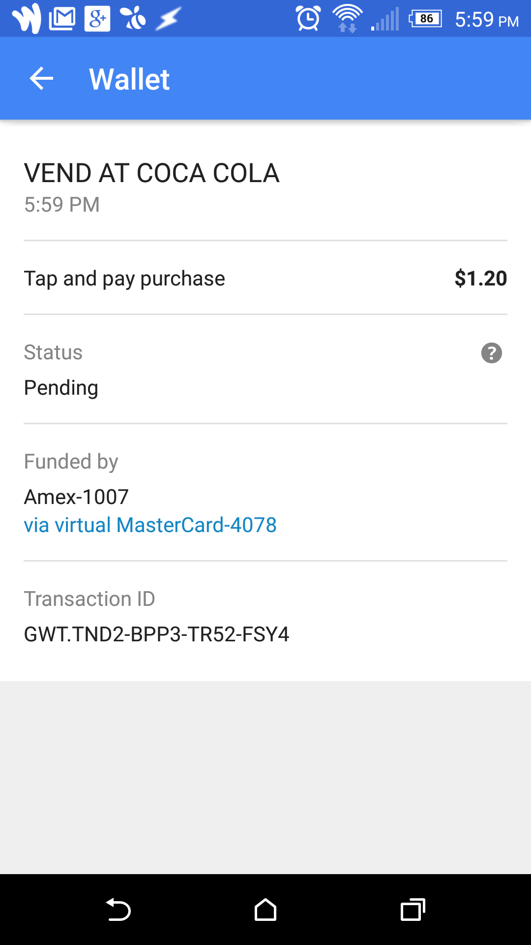 Google Wallet shows $1.20