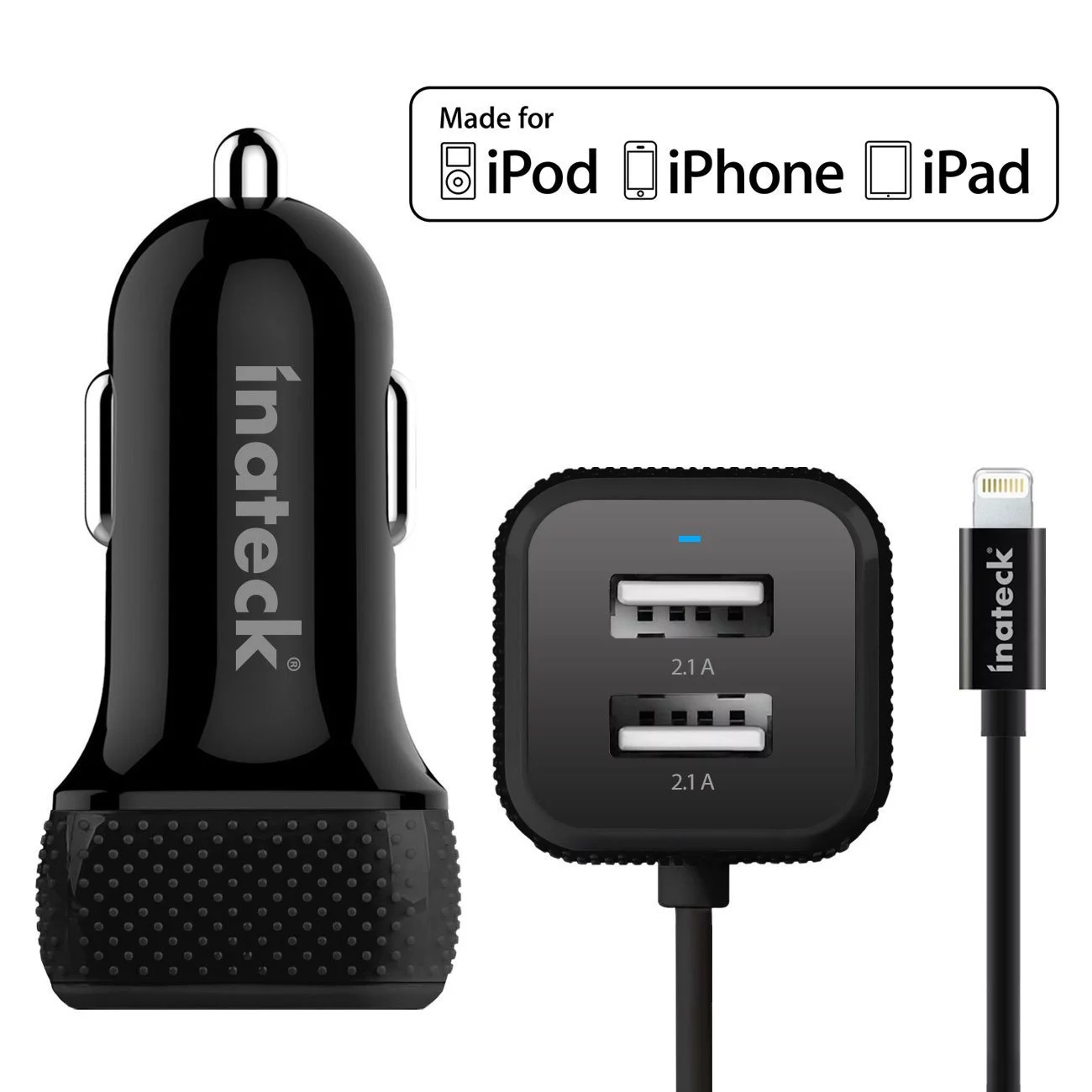 [Apple Certified] Inateck 33W 3-Port USB Car Charger (2.1A USB Port x 2 + 2.4A Built in Lightning Cable) with Intelligent Charging Technology for iPhone, iPad, Samsung Galaxy S6, Included a 1.2m/ 4ft Micro USB Cable - Black