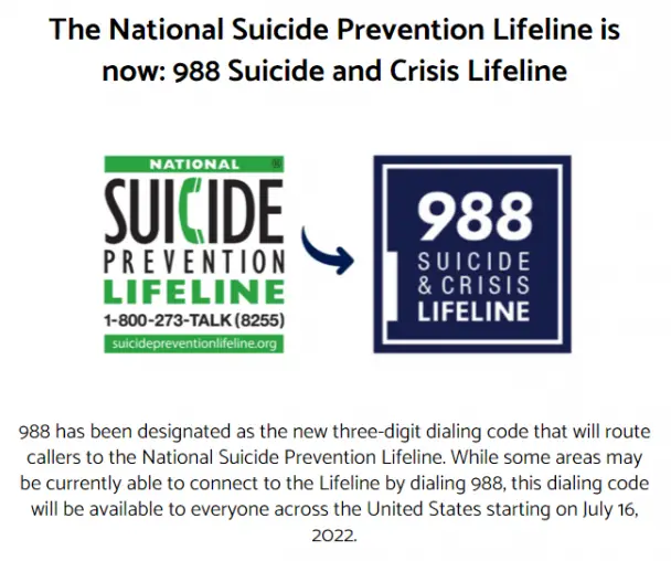 Suicide and Crisis Lifeline
You can text them now at 988 as well as call