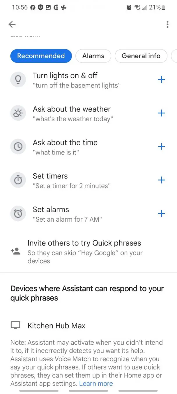 OK Google Quick Phrases list at the September 2022 release