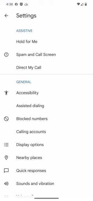 Spam and Call Screen menu options returned as well as Direct My Call on the Pixel 7 Pro