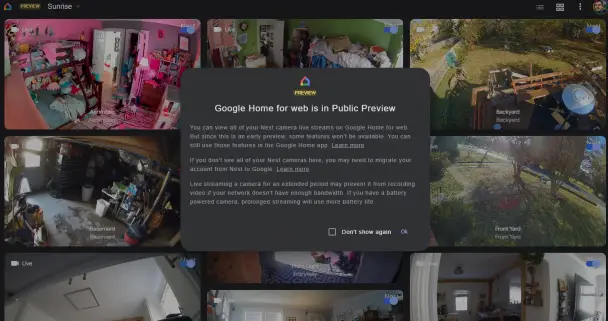 Google Home web preview with the Google Nest cameras