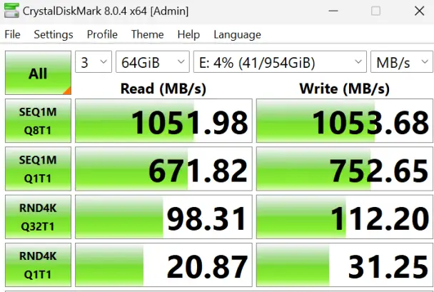 SK hynix Beetle X31 on windows "optimize for speed" and write buffer flush turned off.