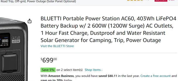 BLUETTI Portable Power Station AC60, 403Wh LiFePO4 Battery Backup w/ 2 600W  (1200W Surge) AC Outlets, 1 Hour Fast Charge, Dustproof and Water