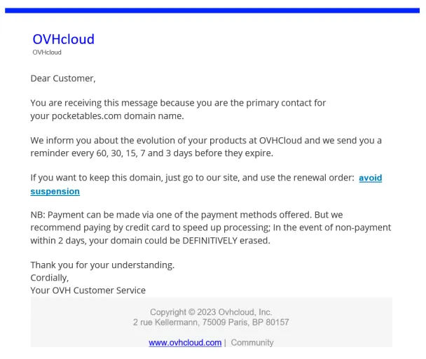 OVHCloud domain renewal scam - OVHCloud is a legit business I'm sure, but the renew link was not to them