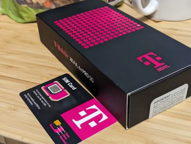 REVVL 6x PRO 5G in box next to T-Mobile SIM card