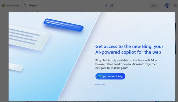 Bing's AI-Powered copilot is restricted to Microsoft Edge Browser. This was September 20, 2023 so times may change.
Image of Bing ai chat on chrome not working