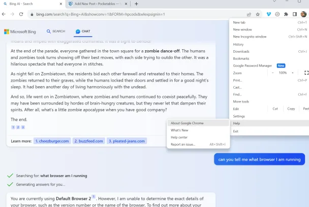 Bing AI chat in Google Chrome using a user agent workaround.
Image of Bing AI chat on Chrome working