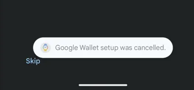 Google Wallet setup cancelled in Google Pixel Watch 2 setup